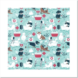 Veterinary medicine, happy and healthy friends // pattern // aqua background red details navy blue white and brown cats dogs and other animals Posters and Art